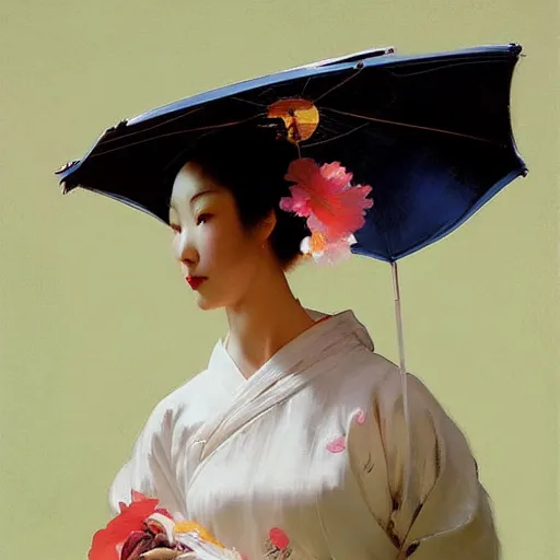 Image similar to yanjun cheng portrait of a beautiful geisha android floral pattern by norman rockwell, bouguereau