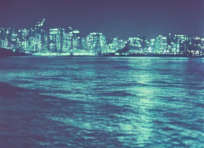 Image similar to photography, ocean at night, blue lighting, glowing city in the distance 35mm film,