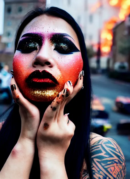 Image similar to Cinestill 50d candid photography of a city on fire, a techwear mixed woman wearing thick mascara and dark glitter makeup crying outside of a city on fire, tattoos, tilted frame, 4k, 8k, hd, full color