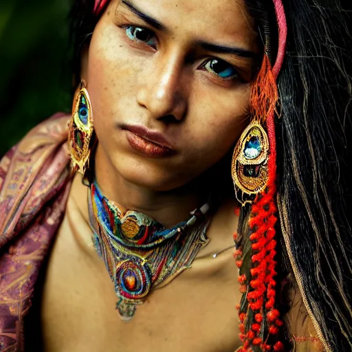 Image similar to portrait of a stunningly beautiful alluring and attractive nepalese tribal female maiden, depth of field, zeiss lens, detailed, symmetrical, centered, fashion photoshoot, by annie leibovitz and steve mccurry, david lazar, jimmy nelsson, breathtaking, 8 k resolution, extremely detailed, beautiful, establishing shot, artistic, hyperrealistic, beautiful face, octane render