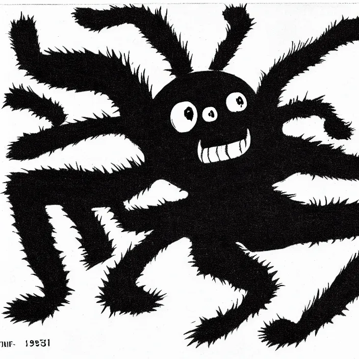 Image similar to a still frame from comic strip, black fluffy hairy furry spider on a clean background 1 9 5 0, herluf bidstrup, new yorker illustration, monochrome contrast bw, lineart, manga, tadanori yokoo, simplified,