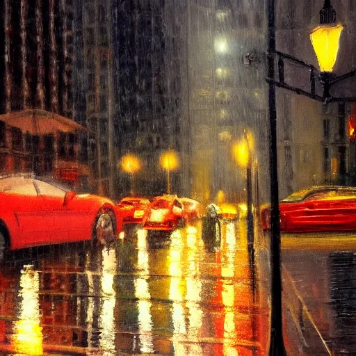 Prompt: rainy night in the streets of chicago, oil on canvas, masterpiece, dramatic pose, dimmed lighting, cozy feel, sharp details, hyper - detailed, hd, hdr, 4 k, 8 k