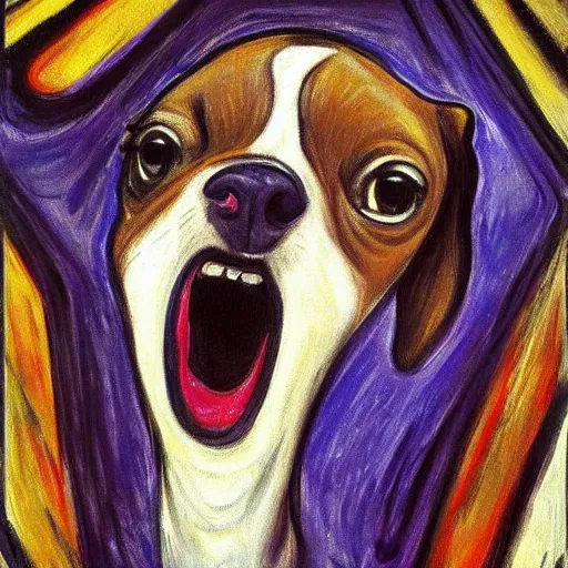 Image similar to a mouth-opened chihuahua in shock , in the Style of The Scream , painted by Edvard Munch