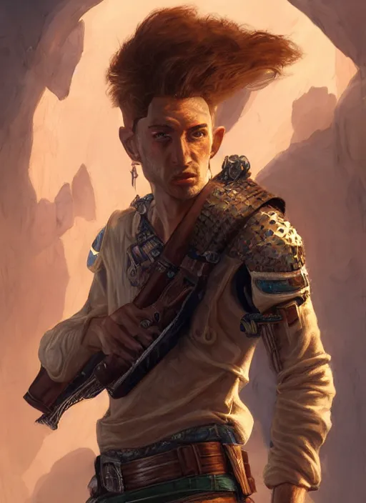 Image similar to buzzcut hair stubble male gunslinger shooter, dndbeyond, bright, realistic, dnd character portrait, full body, art by ralph horsley, dnd, rpg, lotr game design fanart by concept art, behance hd, artstation, deviantart, global illumination radiating a glowing aura global illumination ray tracing hdr render in unreal engine 5