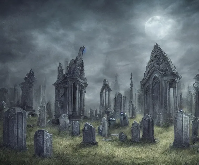 Image similar to a city of tombs and tombstones, graveyard landscape, ghostly spirits, giant grave structures, giant tomb structures, dark fantasy, digital art, fantasy art