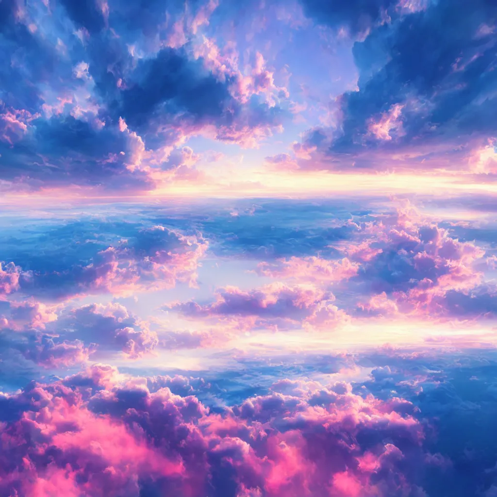 Prompt: sunrise sky over the cloud layer, blue and pink accents, matte bright highly detailed, epic, 3D render, digital art, artstation, 8K artistic photography, photo-realistic, by Hiroya Oku, Jenny Seville, Salvador Dali, Francis Bacon, WLOP