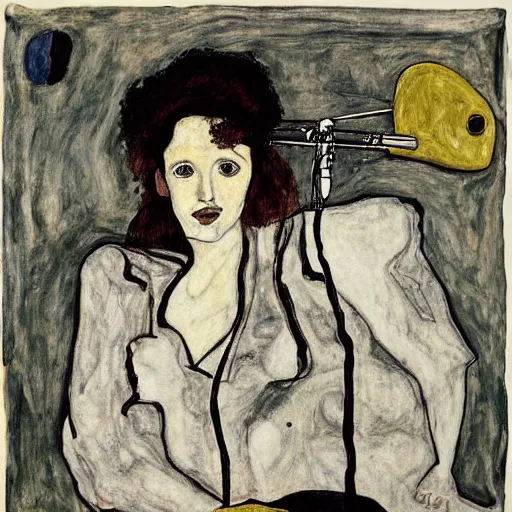 Image similar to Julie Delpy in a free jazz band, portrait, by Egon Schiele