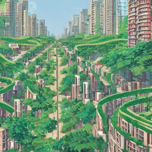 Prompt: a sprawling city landscape in an abandoned east asian country, highrise buildings, vines and weeds growing from the balconies, plants sprouting from the concrete, intricate, elegant, smooth, sharp focus, illustration, art by Studio Ghibli