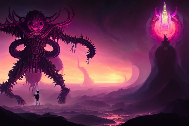 Image similar to rebulon the ancient demon, by lisa frank and greg rutkowski, masterpiece concept art, 8 k, intricate detail, cinematic lighting, epic pose, deep colors, majestic view