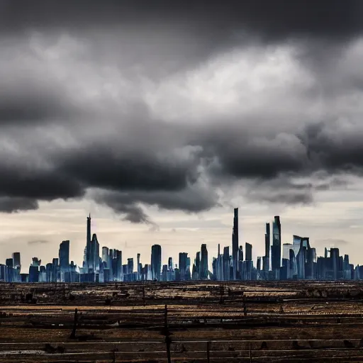 Image similar to Giant megacity looming across the landscape, dystopian, post apocalyptic, XF IQ4, f/22, ISO 200, 1/160s, 8K, RAW, unedited, symmetrical balance, in-frame