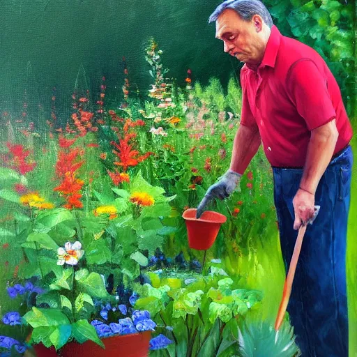 Image similar to viktor orban gardening, oil painting