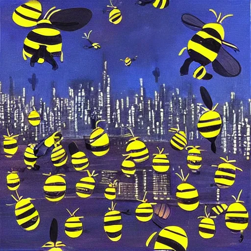 Prompt: “big bees over a city oil panting”