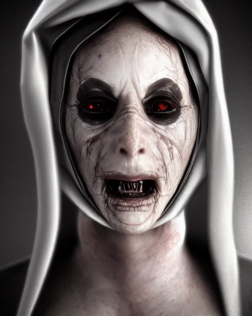 Image similar to headshot portrait of nightmare nun inspired by occult ritual, monstrous face, detailed, textured, realistic, unreal engine, cgsociety, cinematic lighting, concept art