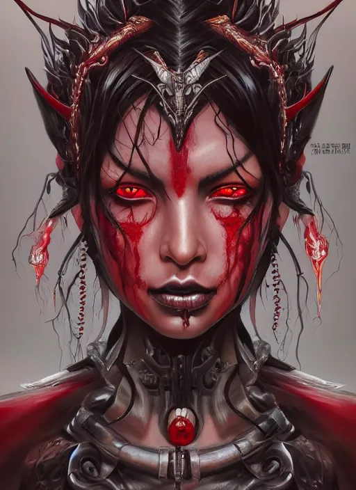 Image similar to a hyper detailed full face portrait of black haired girl with red eyes, queen of blades, sideshow figurines, diablo 4 lilith, by yusuke murata, by hiroya oku, by dorian cleavenger, by tom bagshaw, by zdzisław beksinski, trending on artstation