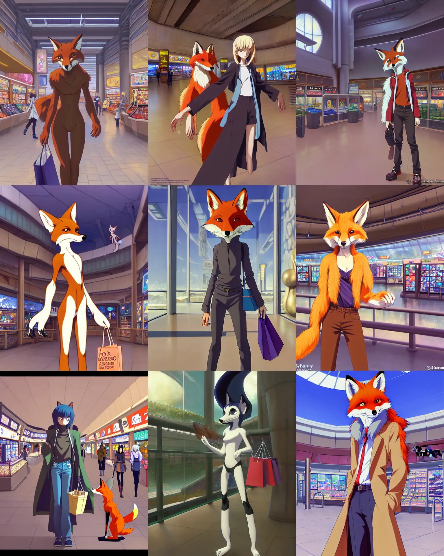 Image similar to anthro art commission of an anthropomorphic natural furry ( ( ( fox ) ) ) person shopping at a futuristic mall, photorealistic, detailed key anime art, makoto shinkai, james gurney, don bluth!!, disney!!, hibbary!!, dark natasha, goldenwolf, furaffinity, fursona, greg rutkowski