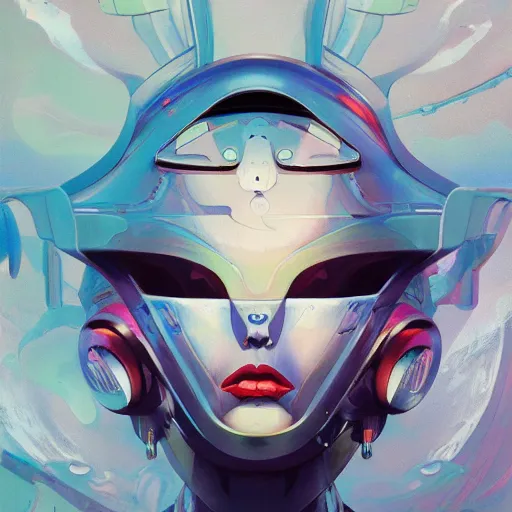 Image similar to scifi futurism automaton minimalism chrome by peter mohrbacher art Hajime Sorayama airbrush hyperrealism model abstract shatter fragments cubism futurism pastel blue soft flat minimal minimalism portrait face jackson pollock ukiyo-e lithograph mark ruthko swirl escape noise shimmer glow paint