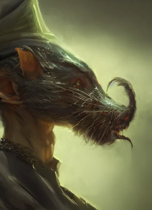 Prompt: mutant rat, bearded, serious, mean eyes, wearing jewelry, tricorne hat, green robe, d & d, digital art, detailed face, highly detailed, trending on artstation, 4 k, sea in the background, art by greg rutkowski