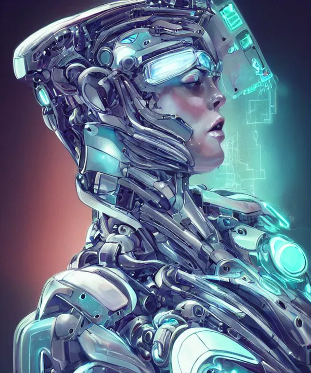 Prompt: a woman turning into an mecha android portrait wearing a part cybernetic mecha body, surrealism , scifi, intricate, elegant, sharp eyebrows, ornate long flowing hair, highly detailed cybernetic body, neon glowing eyes, digital painting, artstation, concept art, smooth, sharp focus, illustration, art by Artgerm and moebius and Peter Mohrbacher