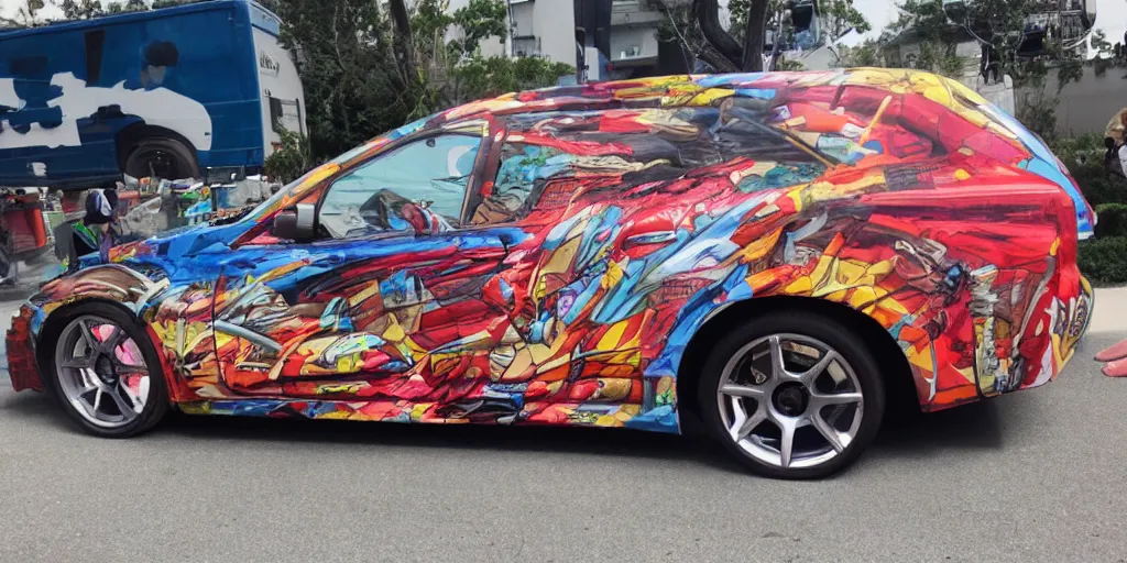 Prompt: side shot, anime car wrap, muscular Bernie sanders