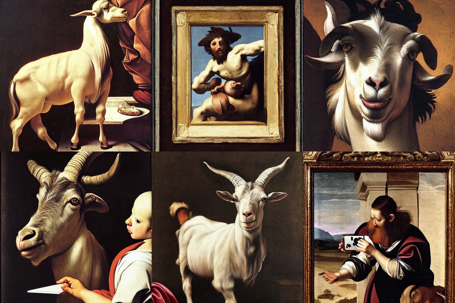 Image similar to A extremely highly detailed majestic hi-res beautiful, highly detailed painting of a goat taking a picture with an Ipad by Michelangelo Merisi da Caravaggio,