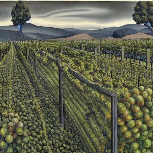 Prompt: Hyperrealism traditional austian vineyard work, painting by MC Escher