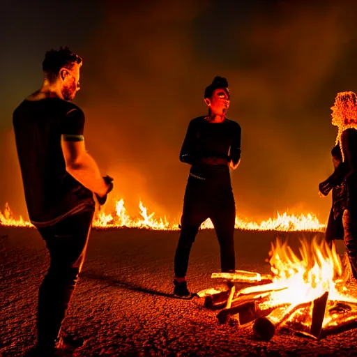 Image similar to atmospheric photograph of three fully clothed ravers, two men, one woman, photographed from behind, talking around a fire, photorealistic, dancefloor kismet, diverse costumes, clean composition, desert transition area, bonfire, night, australian desert, xf iq 4, symmetry, sony a 7 r, 1 5 0 mp, 5 0 mm