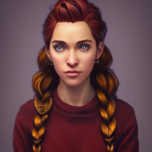 Prompt: an insanely detailed realistic depiction of beautiful jodi from stardew valley standing in the grocery store wearing burgundy sweater under blue denim jeans, auburn hair french braid, pretty brown eyes, in the style of peter mohrbacher, artgerm, dramatic lighting and composition, octane render, trending on artstation, concept art 8 k