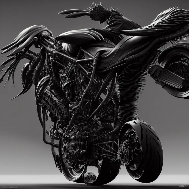 Image similar to spinal spiky ribbed black futuristic cyberpunk motocycle motorbike, concept art, beautiful intricate insanely detailed octane render, artstation, 8 k artistic photography, photorealistic, volumetric perfect light, chiaroscuro, raphael, caravaggio, beksinski, rutkowski, giger