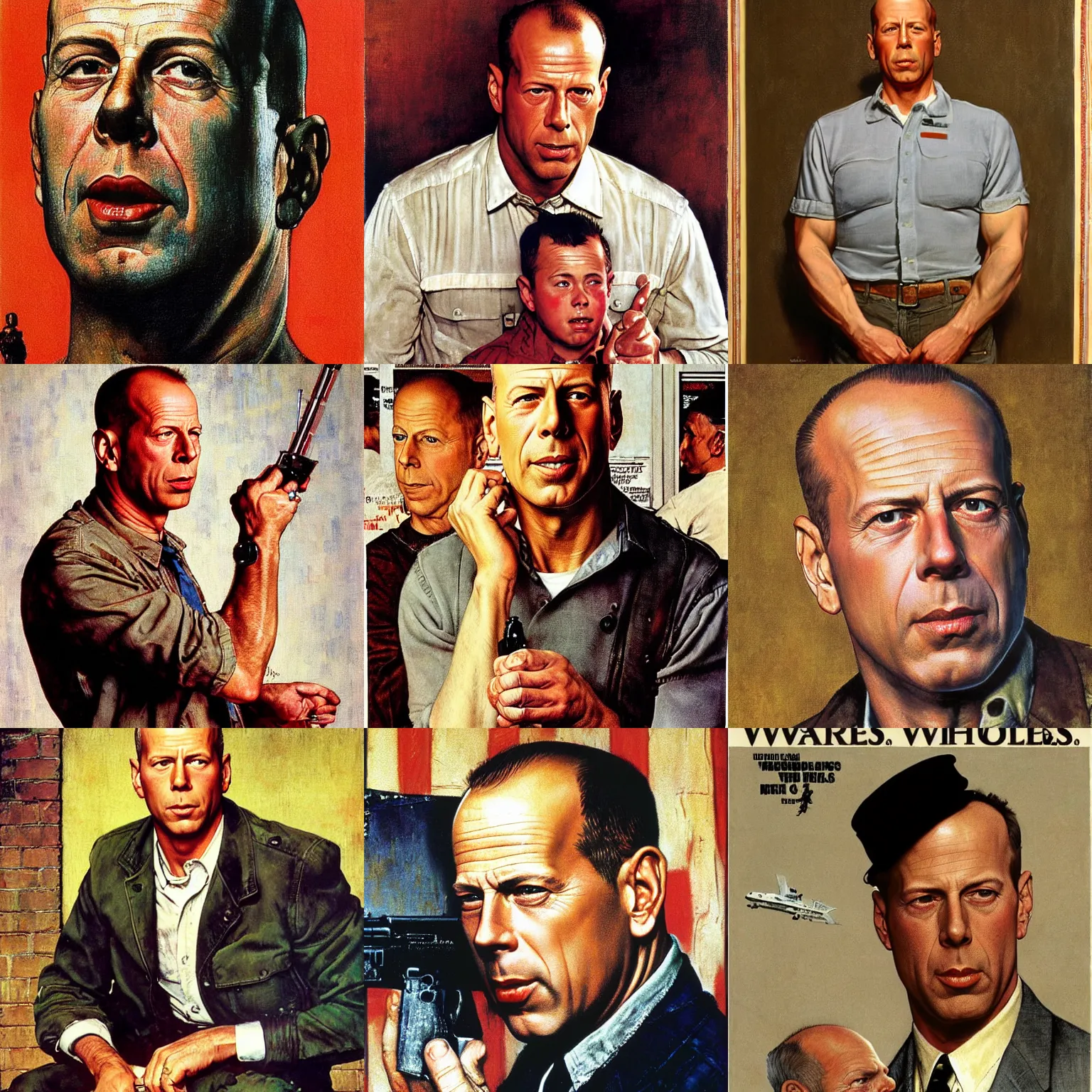 Prompt: Bruce Willis painted by Norman Rockwell