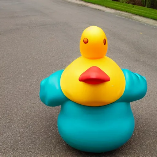 Image similar to old man cosplaying as a rubber duck