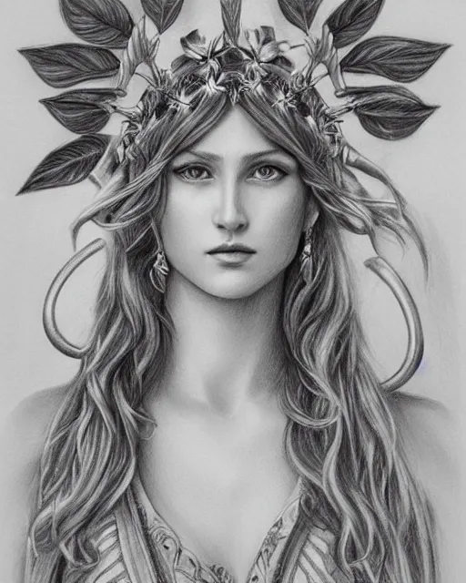 Image similar to long shot realism pencil drawing of a beautiful greek goddess aphrodite wearing a laurel wreath and arrowhead earrings, beautiful confident eyes, beautiful flowing hair, hyper realistic face, in the style of artgerm, fantasy, amazing detail, epic, elegant, smooth, sharp focus, from the front