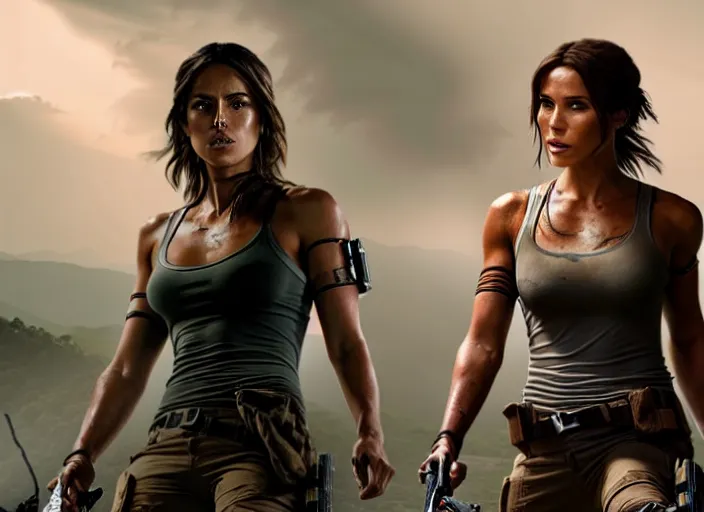 Image similar to film still of!!!! chloe bennett!!! as lara croft in new tomb raider movie, 8 k