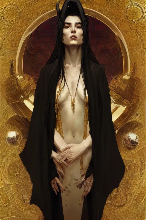 Prompt: Portrait of a Holy Necromancer, female, beautiful, golden robes, exquisite black accessories, highly detailed, smooth, digital painting, illustration, fantasy, by Krenz Cushart and Artem Demura and alphonse mucha