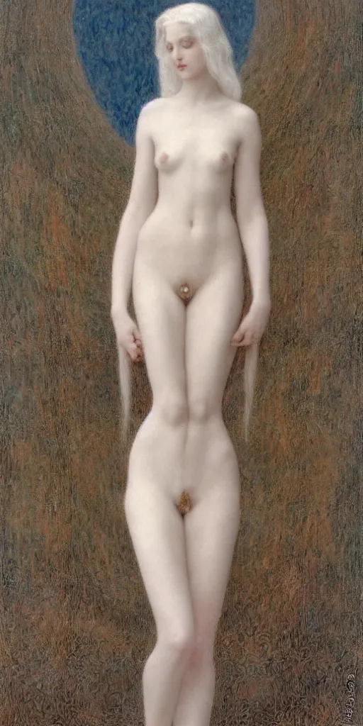 Image similar to Say who is this with silver hair so pale and Wan! and thin? beautiful lone single feminine!! angel, Venus Aphrodite, in the style of Jean Delville, Lucien Lévy-Dhurmer, Fernand Keller, Fernand Khnopff, oil on canvas, 1896, 4K resolution, aesthetic, mystery