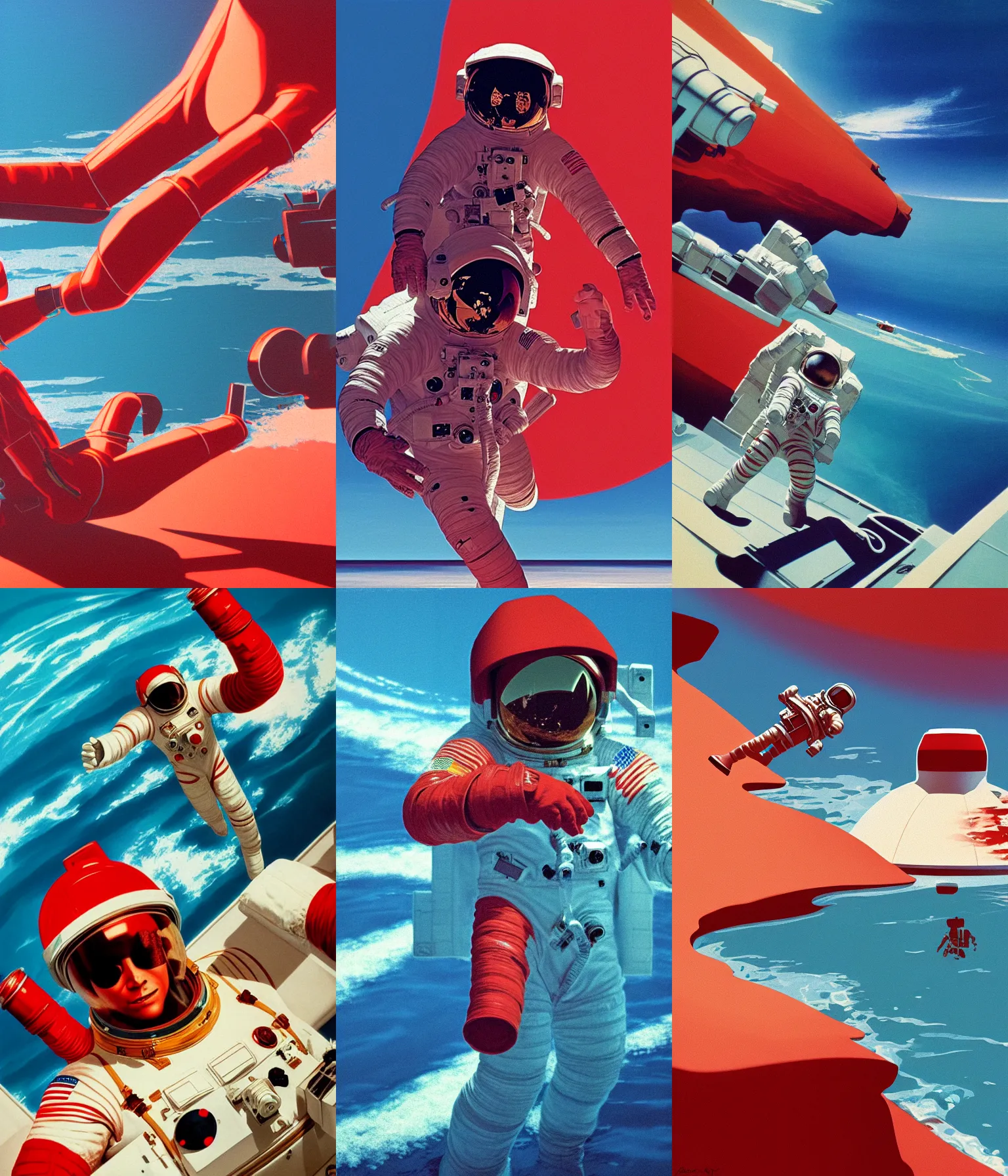 Prompt: astronaut in ocean drowning high noon red water rendered in octane by syd mead