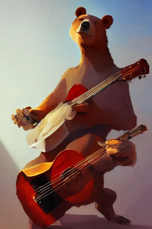 Image similar to Realistic bear as guitarman portrait, triangular v-shaped triangle of ukulele, by Jesper Ejsing, RHADS, Makoto Shinkai and Lois van baarle, ilya kuvshinov, rossdraws global illumination