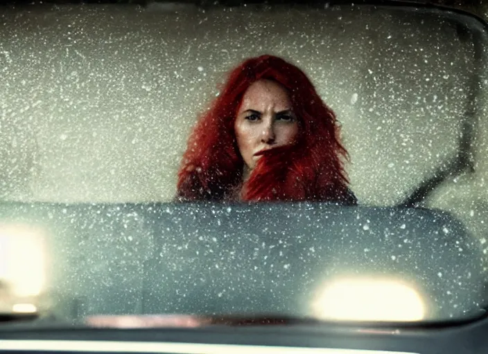 Image similar to A very high resolution image from a new movie, inside of a car, red hair woman, raining, hot, directed by wes anderson