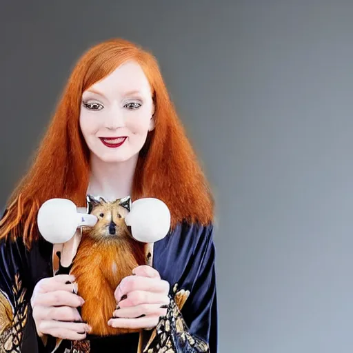 Image similar to a stunning hyper-detailed closeup portrait photo of a slender beautiful smiling woman with long ginger hair and bangs, wearing a luxurious silk robe, wearing headphones and posing with her large ginger tabby cat and her raccoon and parrots in an overstuffed easy chair in her sunlit victorian living room, holding a porcelain parrot-shaped coffee mug and a donut, perfect eyes, fashion photography, octane render, unreal engine, 85 mm lens,