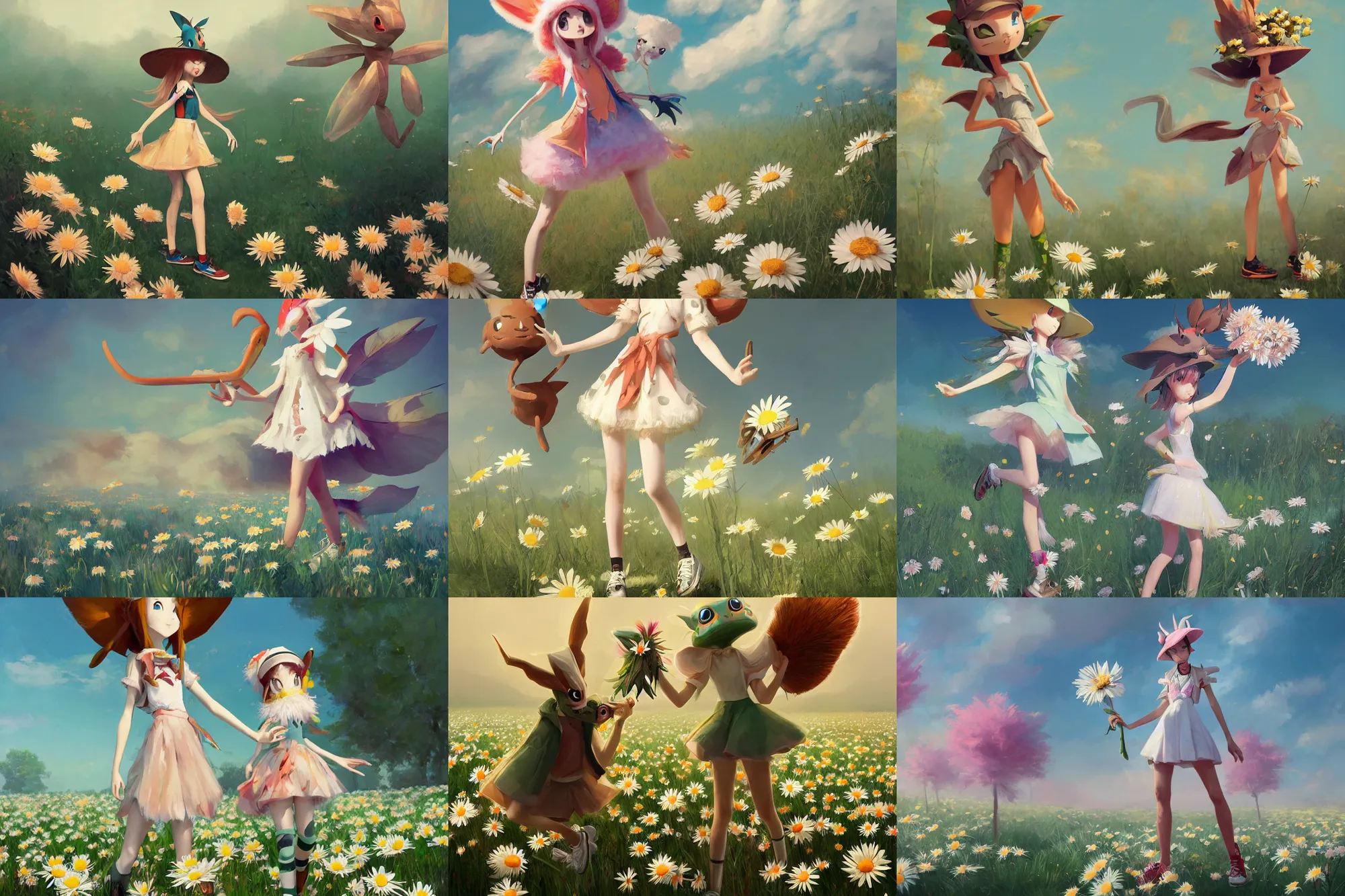 Prompt: anthropomorphic leavanny pokemon girl like a mantis in a floe standing in a field of daisies wearing converse shoes and a davey crockett hat, digital illustration by ruan jia on artstation