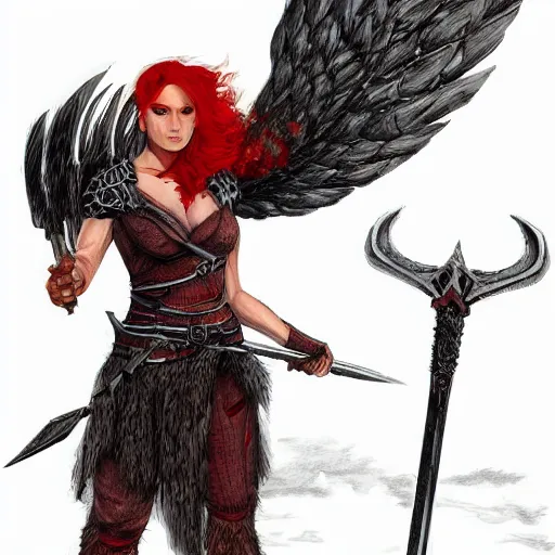 Prompt: a battle ready red haired valkyrie with gargoyle wings and a fiery sword, fantasy concept art