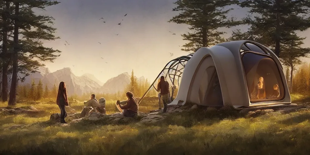 Image similar to cabela's beautiful comfortable futuristic pop up insulated all terrain family pod, cabin, modular, person in foreground, mountainous forested wilderness open fields, beautiful views, painterly concept art, joanna gaines, environmental concept art, farmhouse, magnolia, concept art illustration by ross tran, by james gurney, by craig mullins, by greg rutkowski trending on artstation