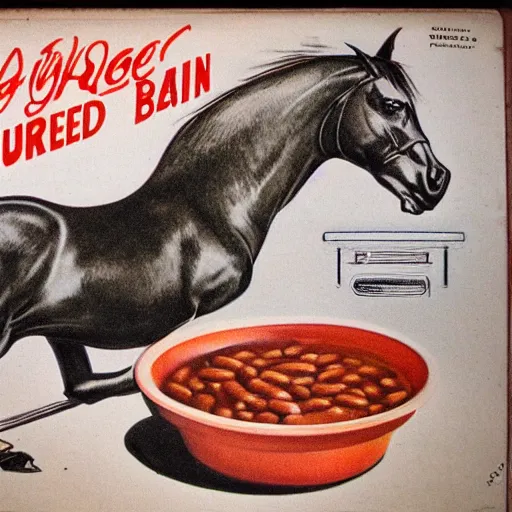 Image similar to vintage 1 9 5 0 s illustration of a horse sitting in baked beans