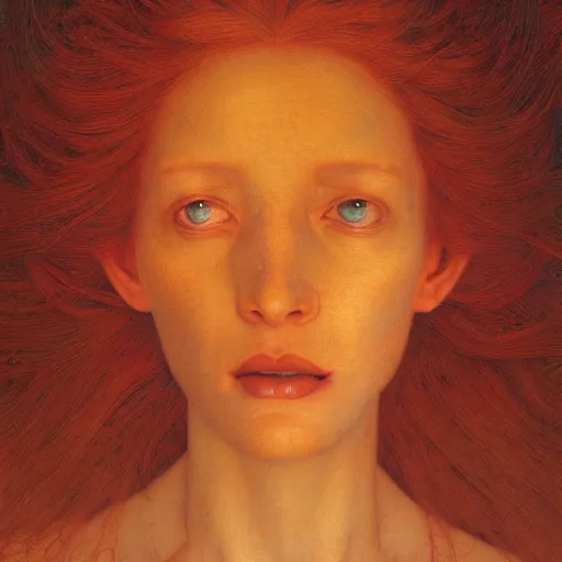 Prompt: Woman masterpiece, red hair, golden halo behind her head, by Edgar Maxence and Ross Tran, Zdzisław Beksiński, and Michael Whelan, distant, gustav dore, H.R. Giger, 8k, octane render
