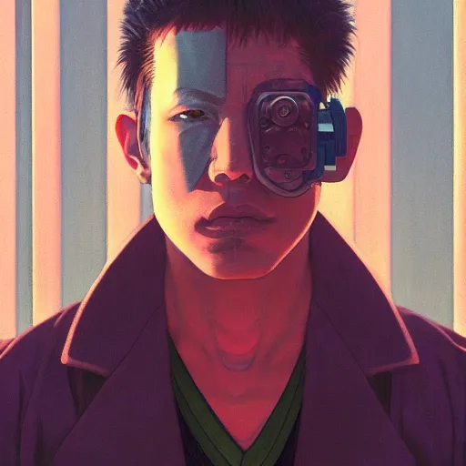 Prompt: a portrait of a cyberpunk man staring at the camera with dramatic lighting, by kawase hasui, moebius, edward hopper, colorful flat surreal design, matte painting, hd, 8 k, trending on artstation