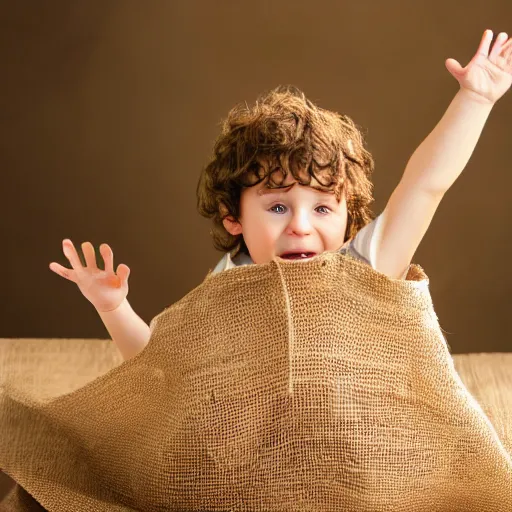 Prompt: frodo in a burlap sack of potatos, photography, realistic, mid shot