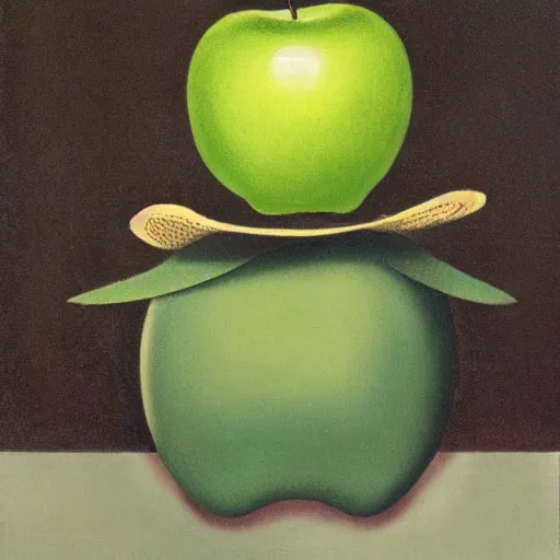 Prompt: Victorian gentlemen wearing a bowler hat looking on a green apple, in the style of rene magritte