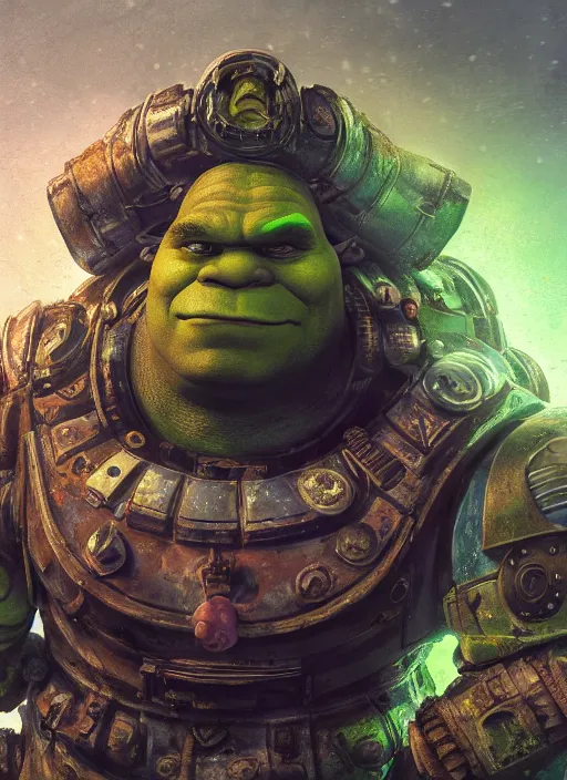 Image similar to underwater portrait of shrek as the space marine, apocalypse, naturel, hyper detailed, digital art, trending in artstation, cinematic lighting, studio quality, smooth render, unreal engine 5 rendered, octane rendered, art style by klimt and nixeu and ian sprigger and wlop and krenz cushart.