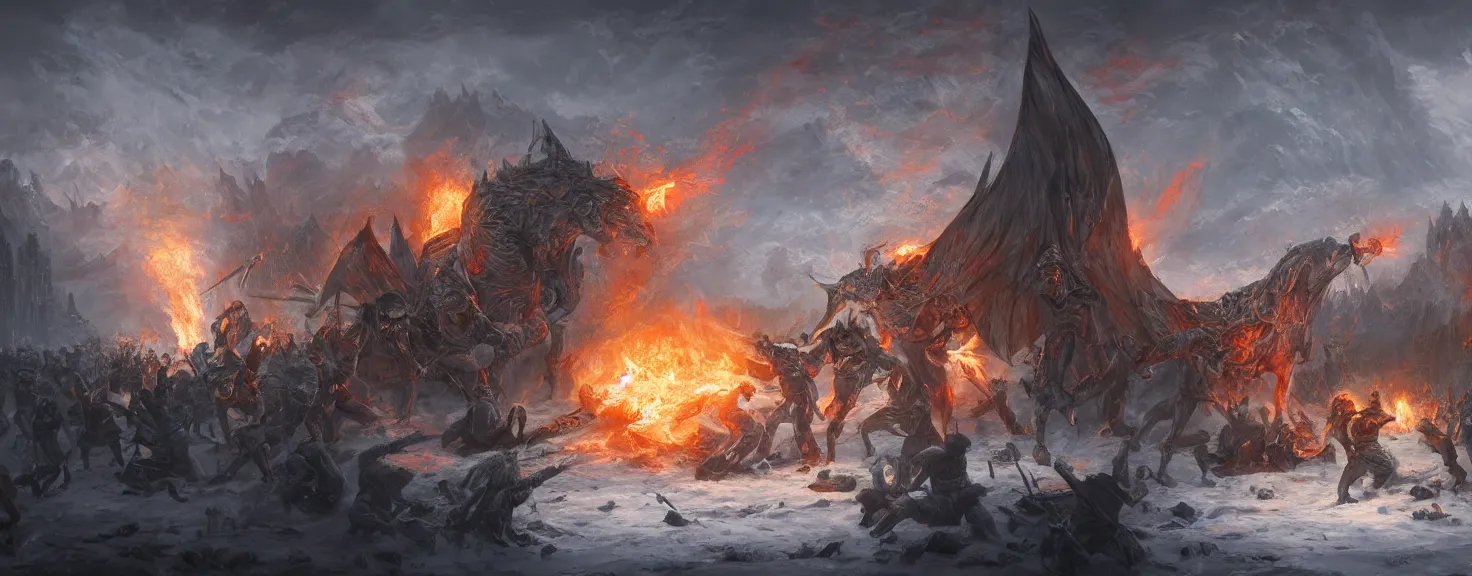 Prompt: Fantasy medieval battle of good and evil, ice and fire, realistic, trending on artstation, 90mm, by Noah Bradley