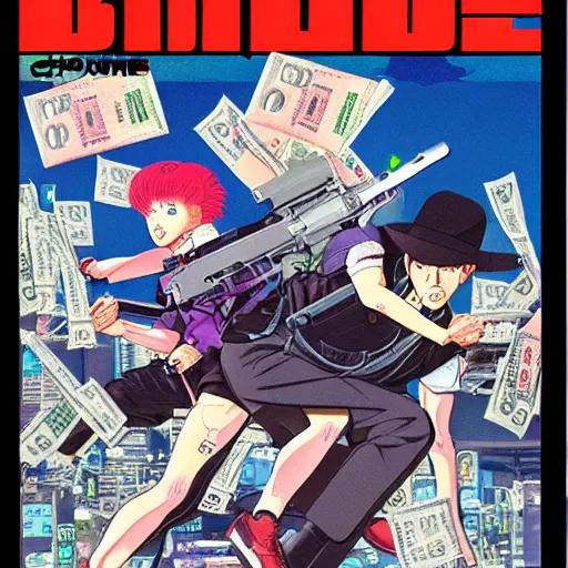 Image similar to 1989 Magazine Cover, Anime Neo-tokyo bank robbers fleeing the scene with bags of money, Police Shootout, Highly Detailed, 8k :4 by Katsuhiro Otomo : 8
