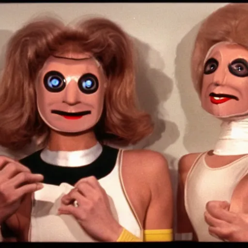 Image similar to 1978 twin women on tv show wearing an inflatable smileymask with a long prosthetic nose and googly eyes, wearing a leotard on the dancefloor 1978 technicolor film 16mm holding a hand puppet Fellini John Waters Russ Meyer Doris Wishman
